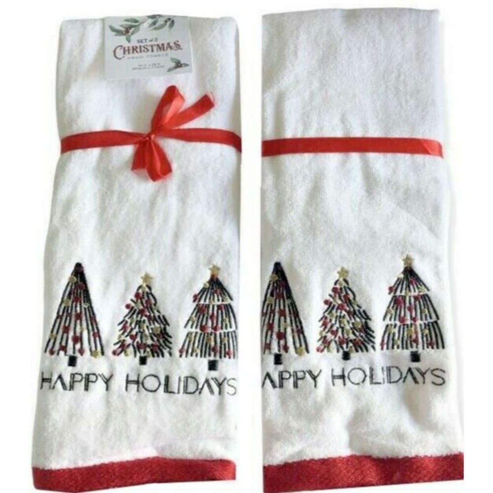 Christmas Tree Hand Towels Embroidered White Red Black Winter Holiday Set of 2